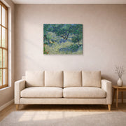 Gallery-wrapped canvas print of Vincent van Gogh's Olive Orchard displayed on a wall in a living room