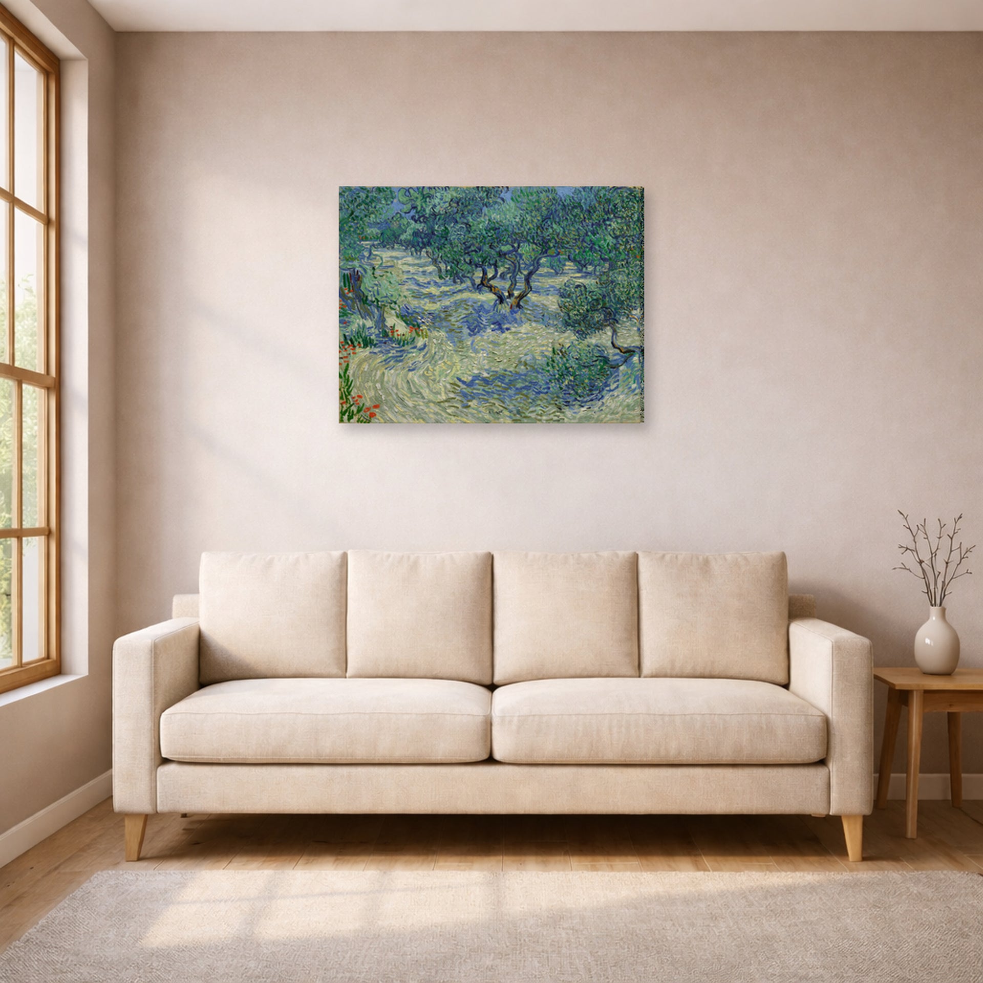 Gallery-wrapped canvas print of Vincent van Gogh's Olive Orchard displayed on a wall in a living room