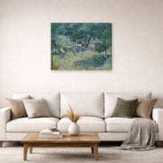 Gallery-wrapped canvas print of Vincent van Gogh's Olive Orchard displayed on a wall in a living room