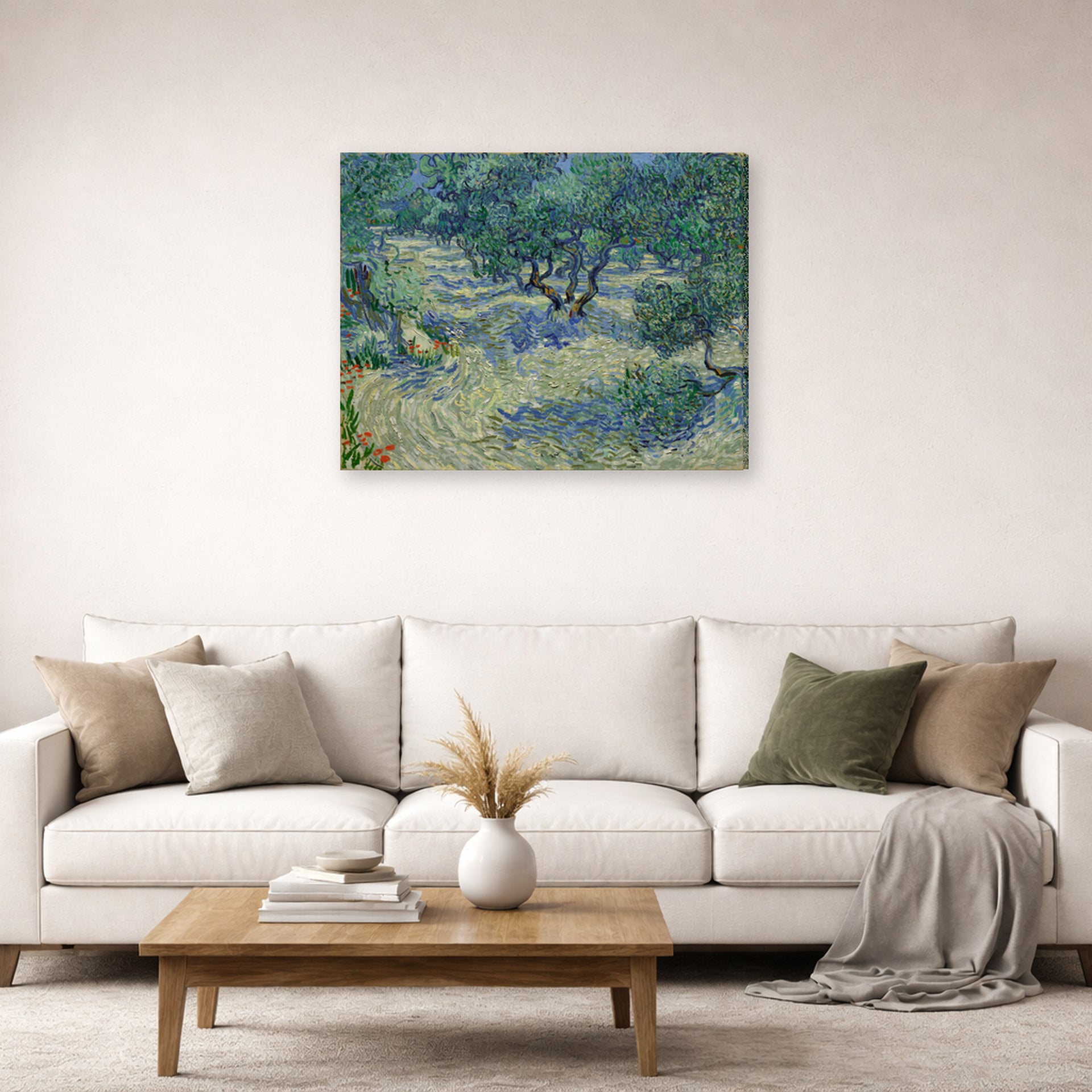 Gallery-wrapped canvas print of Vincent van Gogh's Olive Orchard displayed on a wall in a living room