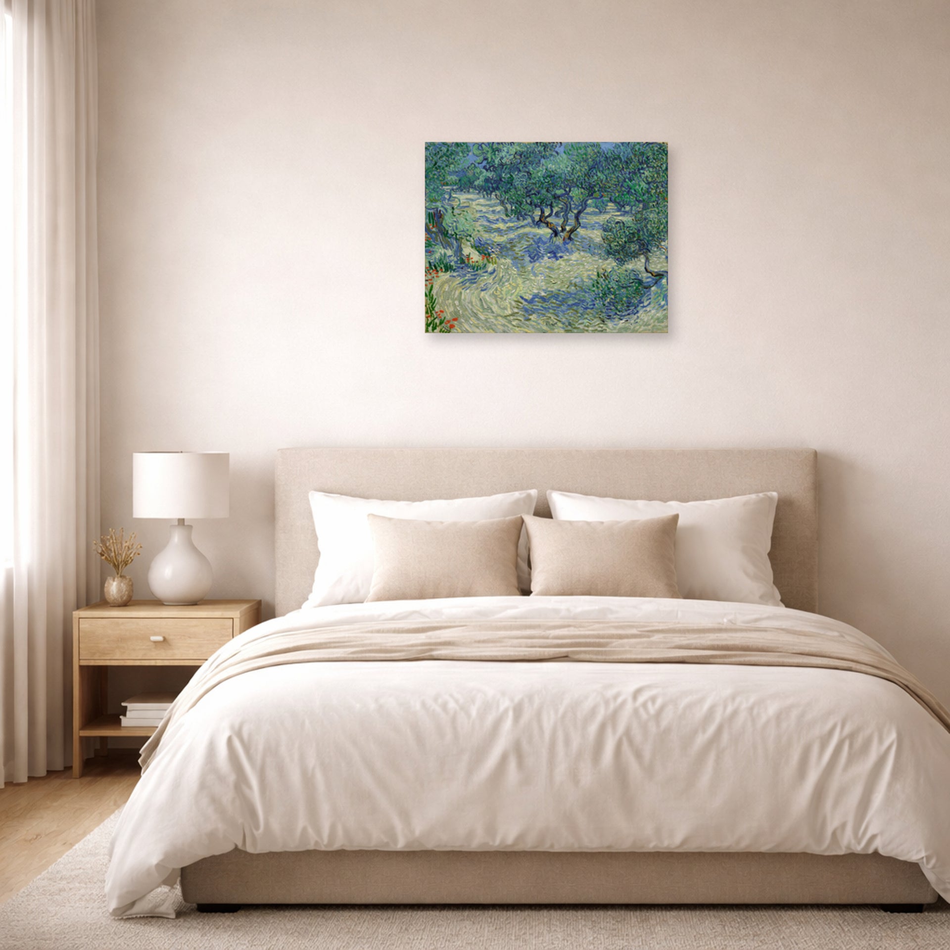 Unframed poster print of Vincent van Gogh's Olive Orchard displayed on a wall in a bedroom