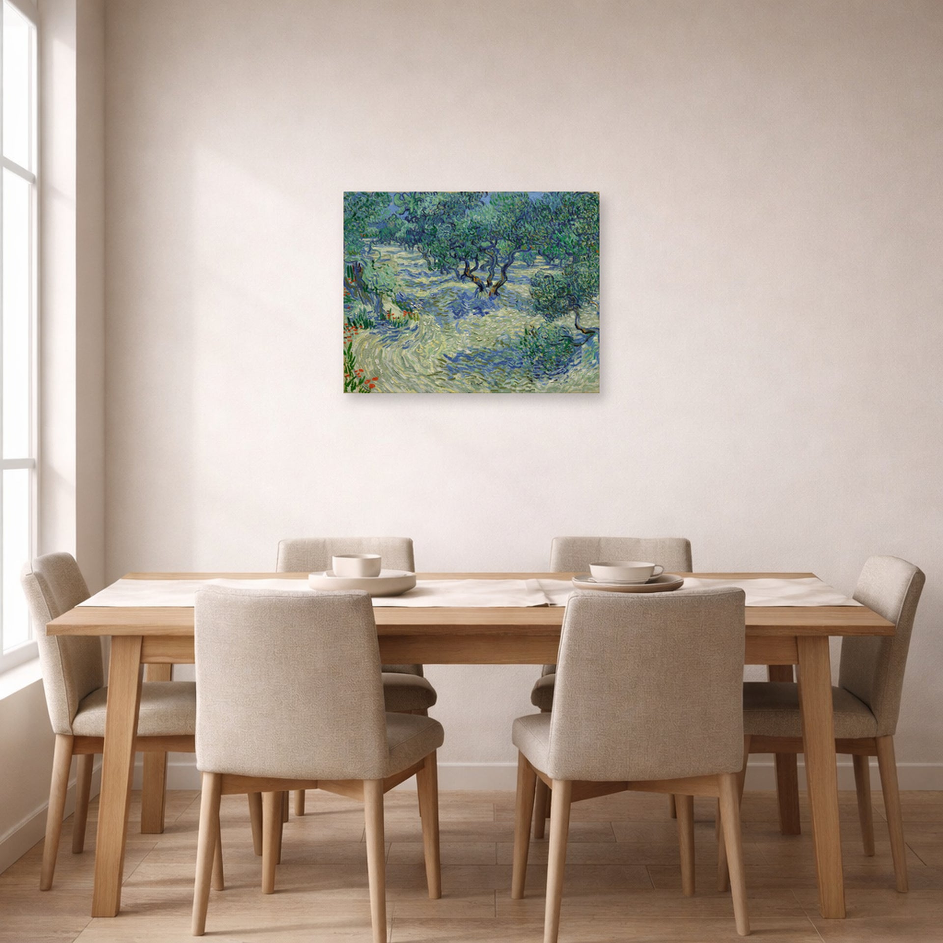 Unframed poster print of Vincent van Gogh's Olive Orchard displayed on a wall in a dining room