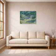 Unframed poster print of Vincent van Gogh's Olive Orchard displayed on a wall in a living room