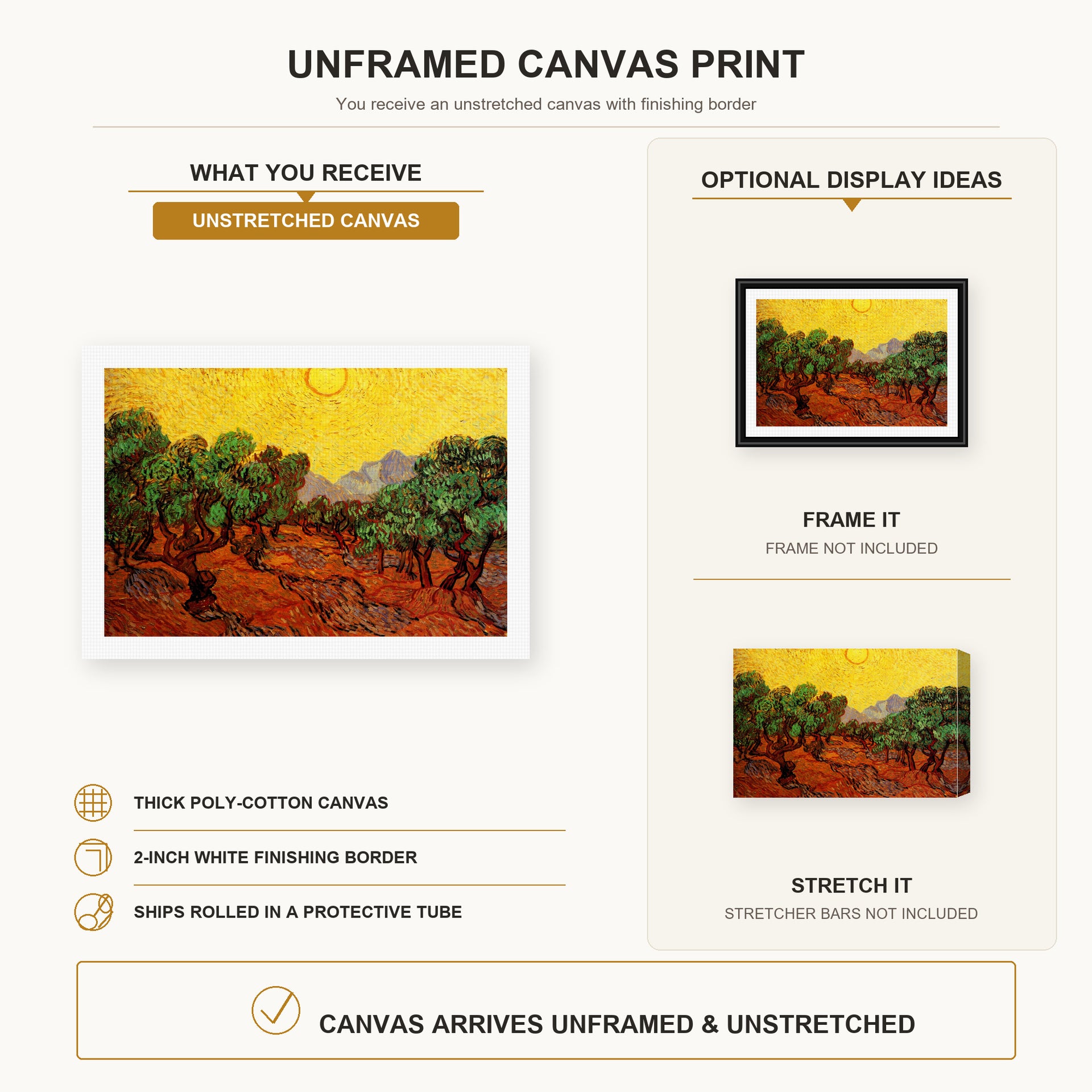 Vincent van Gogh - Olive Trees with Yellow Sky and Sun canvas print size comparison and framing display infographic
