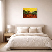 Gallery-wrapped canvas print of Vincent van Gogh's Olive Trees with Yellow Sky and Sun displayed on a wall in a bedroom