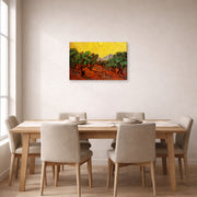 Gallery-wrapped canvas print of Vincent van Gogh's Olive Trees with Yellow Sky and Sun displayed on a wall in a dining room