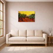 Gallery-wrapped canvas print of Vincent van Gogh's Olive Trees with Yellow Sky and Sun displayed on a wall in a living room