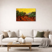 Gallery-wrapped canvas print of Vincent van Gogh's Olive Trees with Yellow Sky and Sun displayed on a wall in a living room