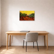 Gallery-wrapped canvas print of Vincent van Gogh's Olive Trees with Yellow Sky and Sun displayed on a wall in a home office