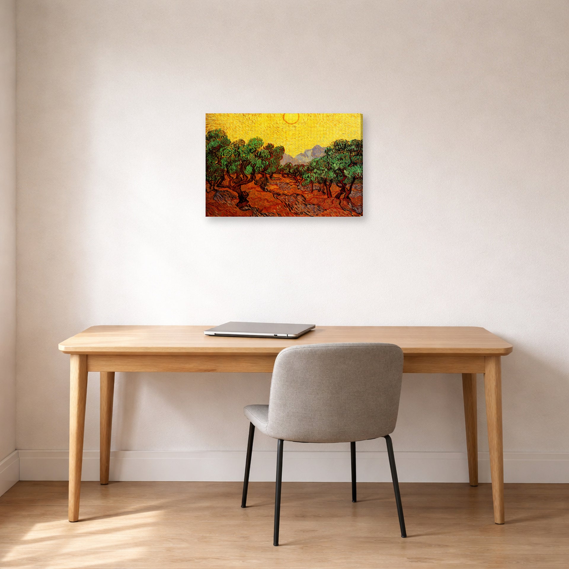 Gallery-wrapped canvas print of Vincent van Gogh's Olive Trees with Yellow Sky and Sun displayed on a wall in a home office