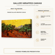 Vincent van Gogh - Olive Trees with Yellow Sky and Sun gallery wrap canvas construction and hanging details infographic