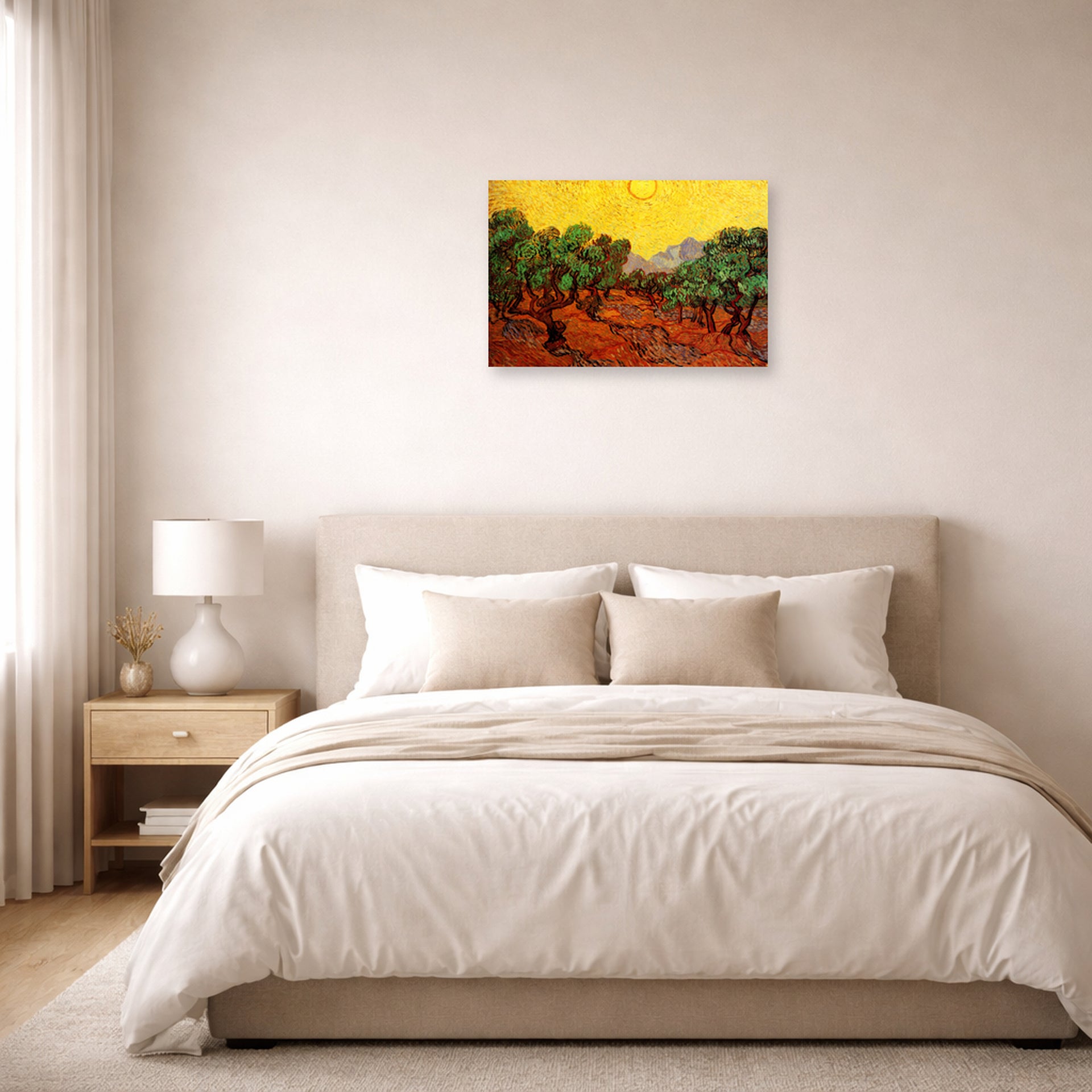 Unframed poster print of Vincent van Gogh's Olive Trees with Yellow Sky and Sun displayed on a wall in a bedroom
