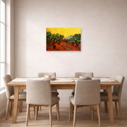 Unframed poster print of Vincent van Gogh's Olive Trees with Yellow Sky and Sun displayed on a wall in a dining room