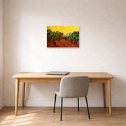 Unframed poster print of Vincent van Gogh's Olive Trees with Yellow Sky and Sun displayed on a wall in a home office
