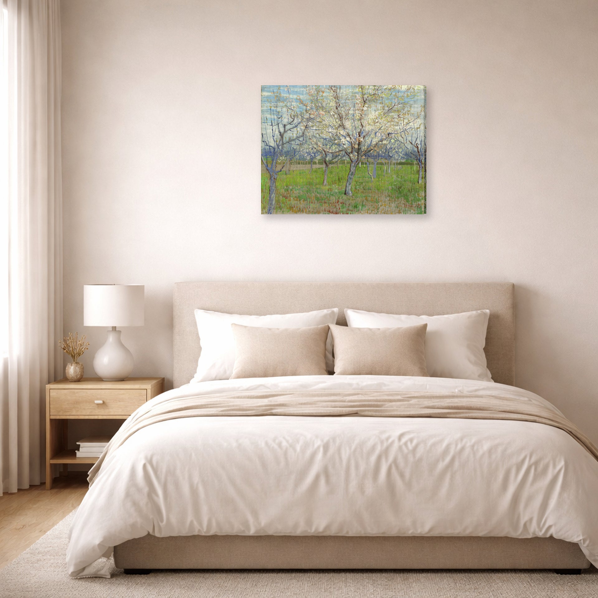 Gallery-wrapped canvas print of Vincent van Gogh's Orchard with Blossoming Apricot Trees displayed on a wall in a bedroom
