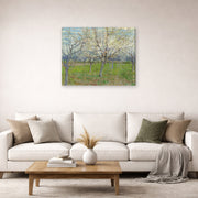 Gallery-wrapped canvas print of Vincent van Gogh's Orchard with Blossoming Apricot Trees displayed on a wall in a living room