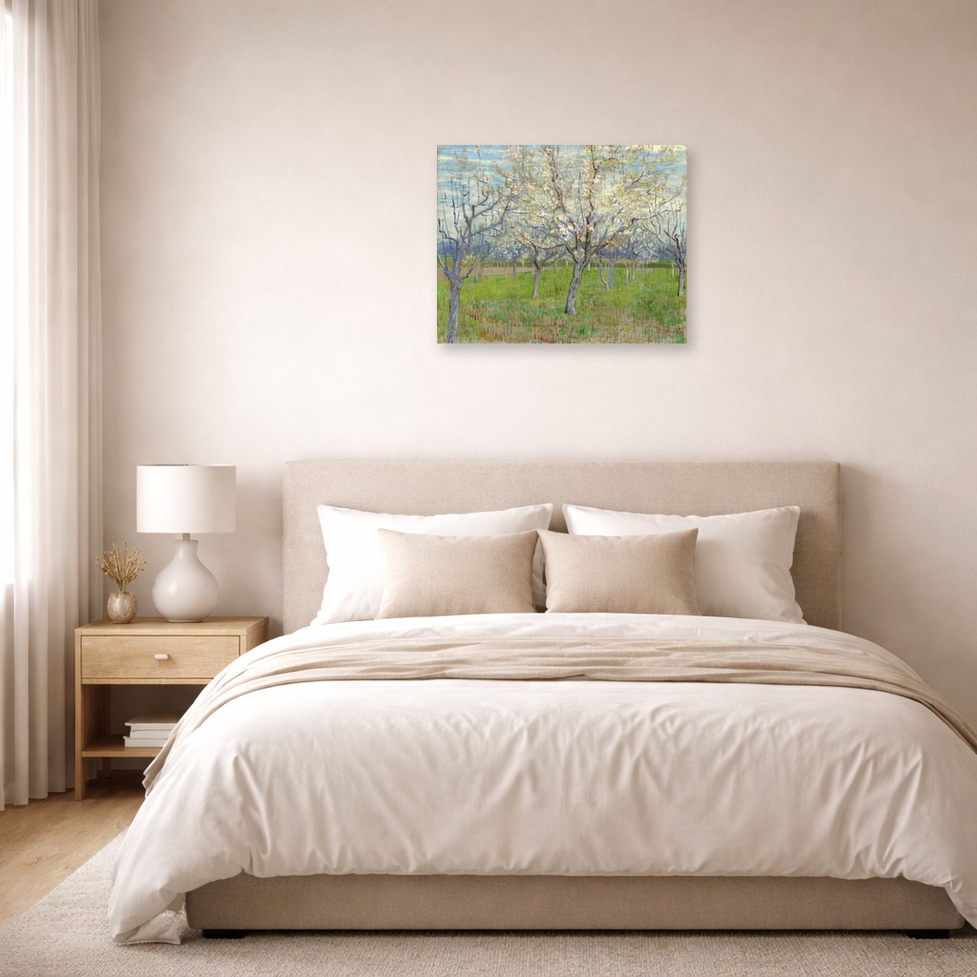 Unframed poster print of Vincent van Gogh's Orchard with Blossoming Apricot Trees displayed on a wall in a bedroom