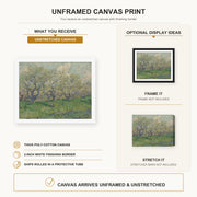 Vincent van Gogh - Orchard in Blossom canvas print size comparison and framing display infographic