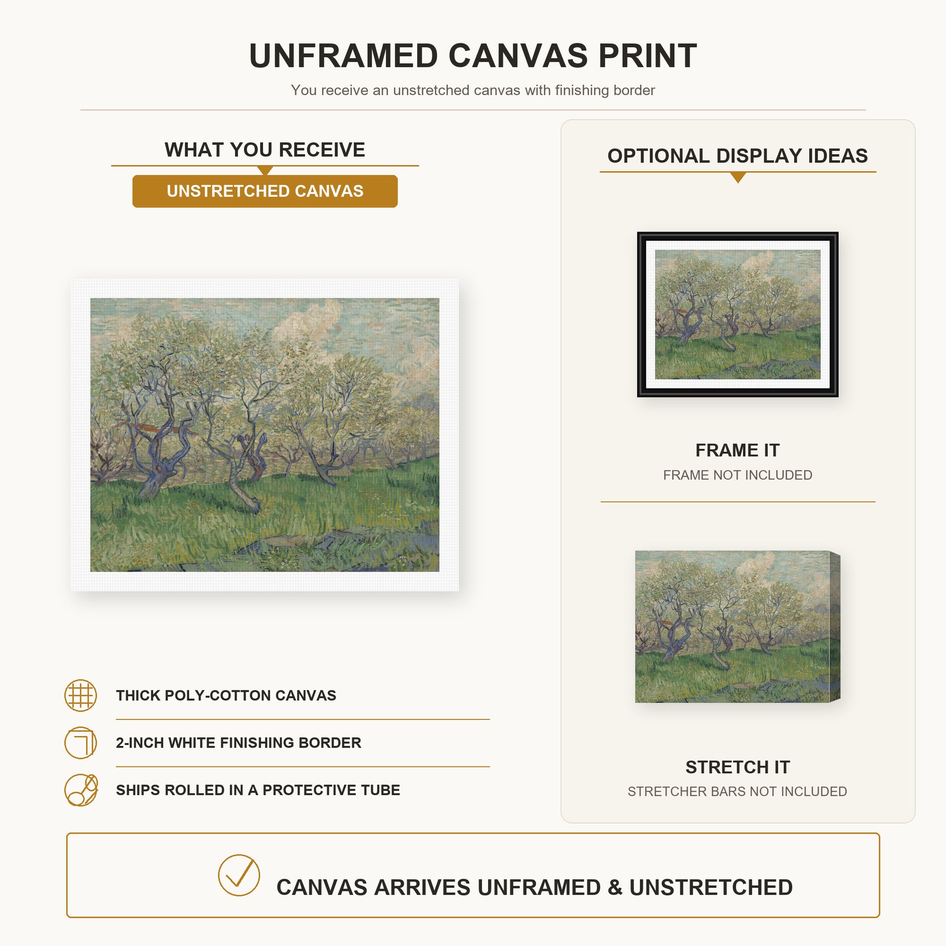 Vincent van Gogh - Orchard in Blossom canvas print size comparison and framing display infographic