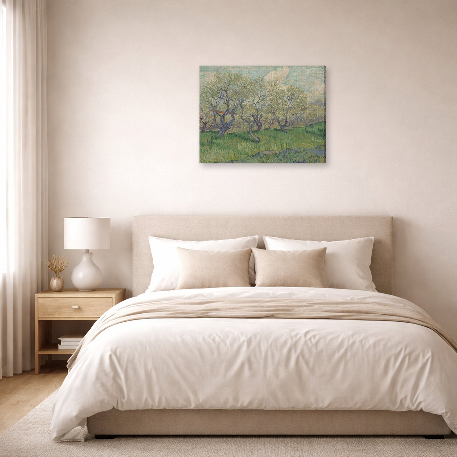 Gallery-wrapped canvas print of Vincent van Gogh's Orchard in Blossom displayed on a wall in a bedroom
