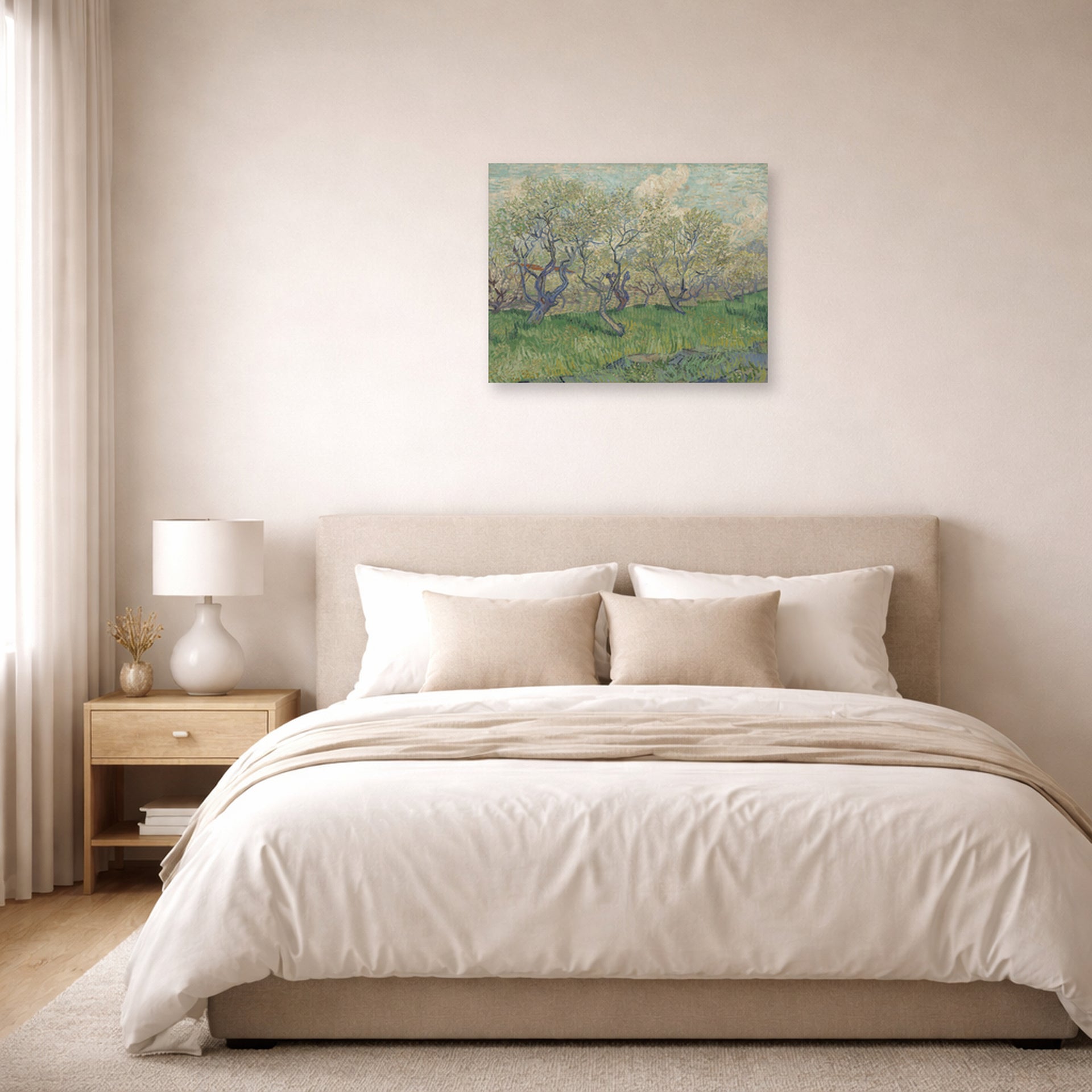 Unframed poster print of Vincent van Gogh's Orchard in Blossom displayed on a wall in a bedroom