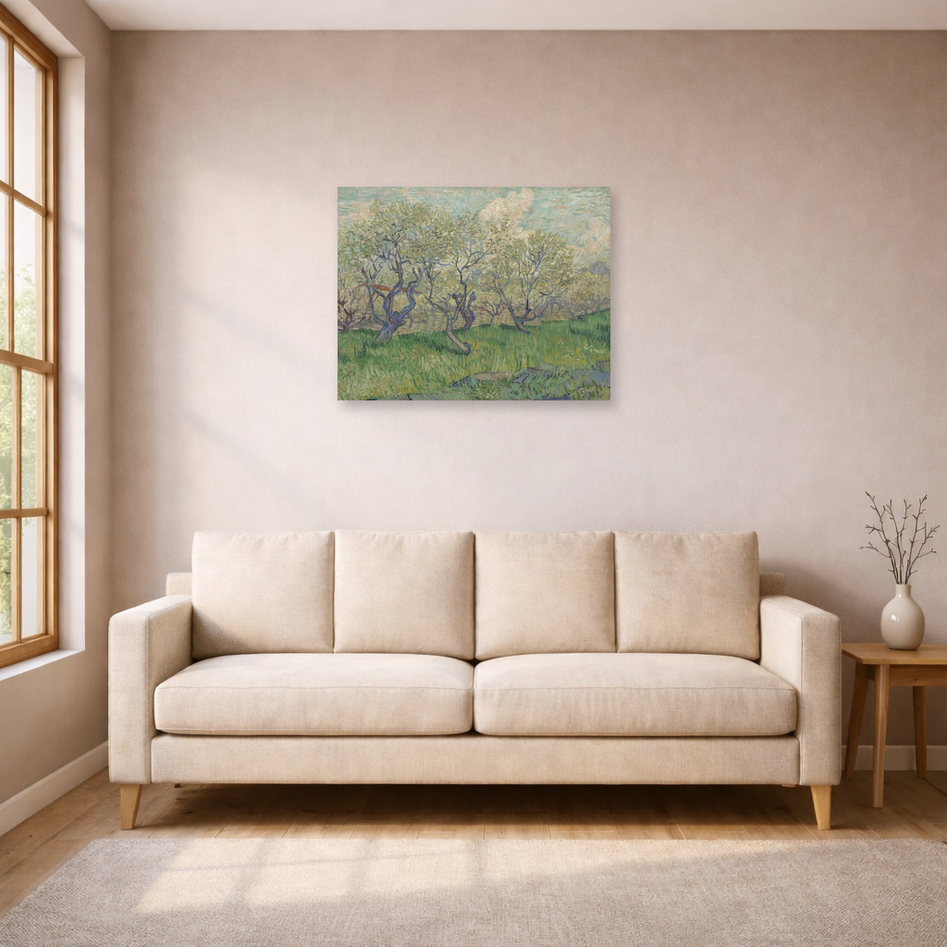 Unframed poster print of Vincent van Gogh's Orchard in Blossom displayed on a wall in a living room