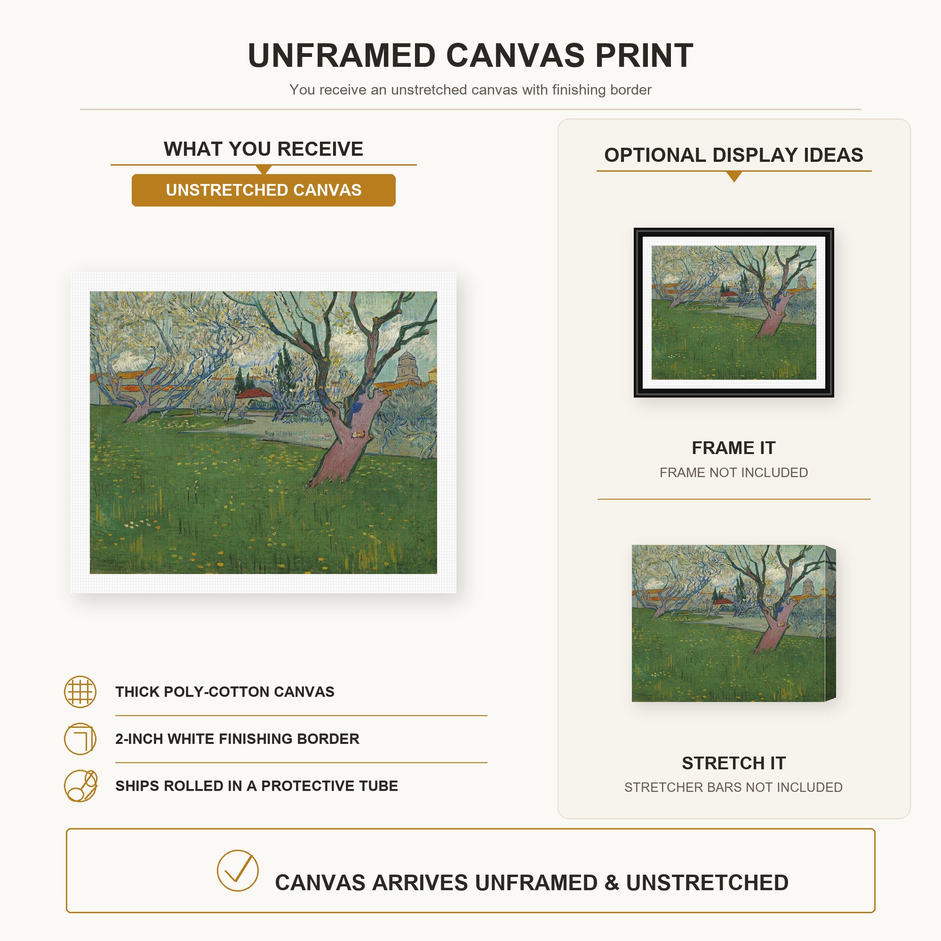 Vincent van Gogh - Orchards in Blossom, View of Arles canvas print size comparison and framing display infographic