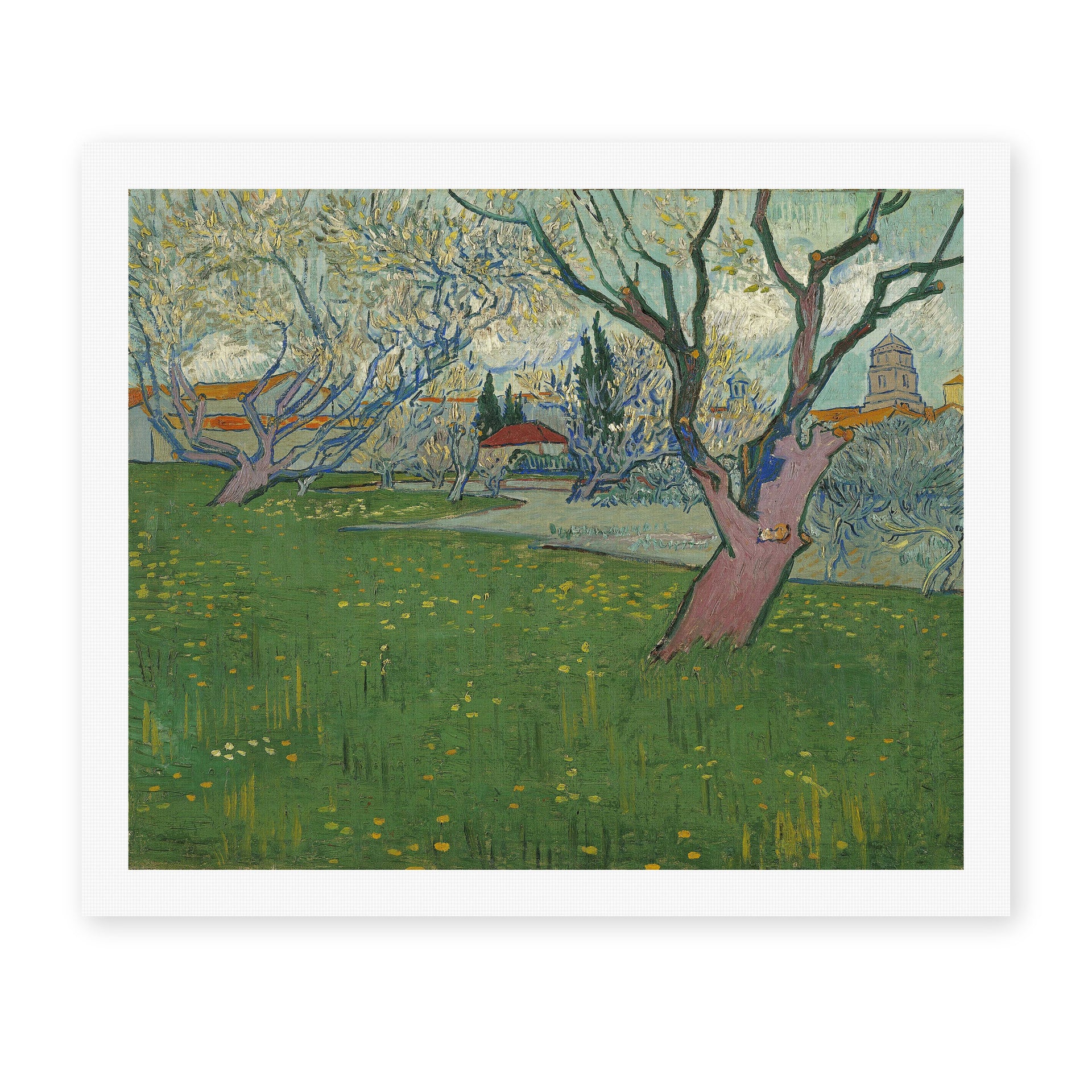 Vincent van Gogh's 'Orchards in Blossom, View of Arles' painting reproduced as a rolled canvas print