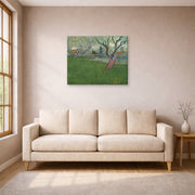 Gallery-wrapped canvas print of Vincent van Gogh's Orchards in Blossom, View of Arles displayed on a wall in a living room