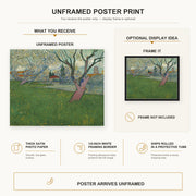 Vincent van Gogh - Orchards in Blossom, View of Arles poster print size comparison and framing display infographic