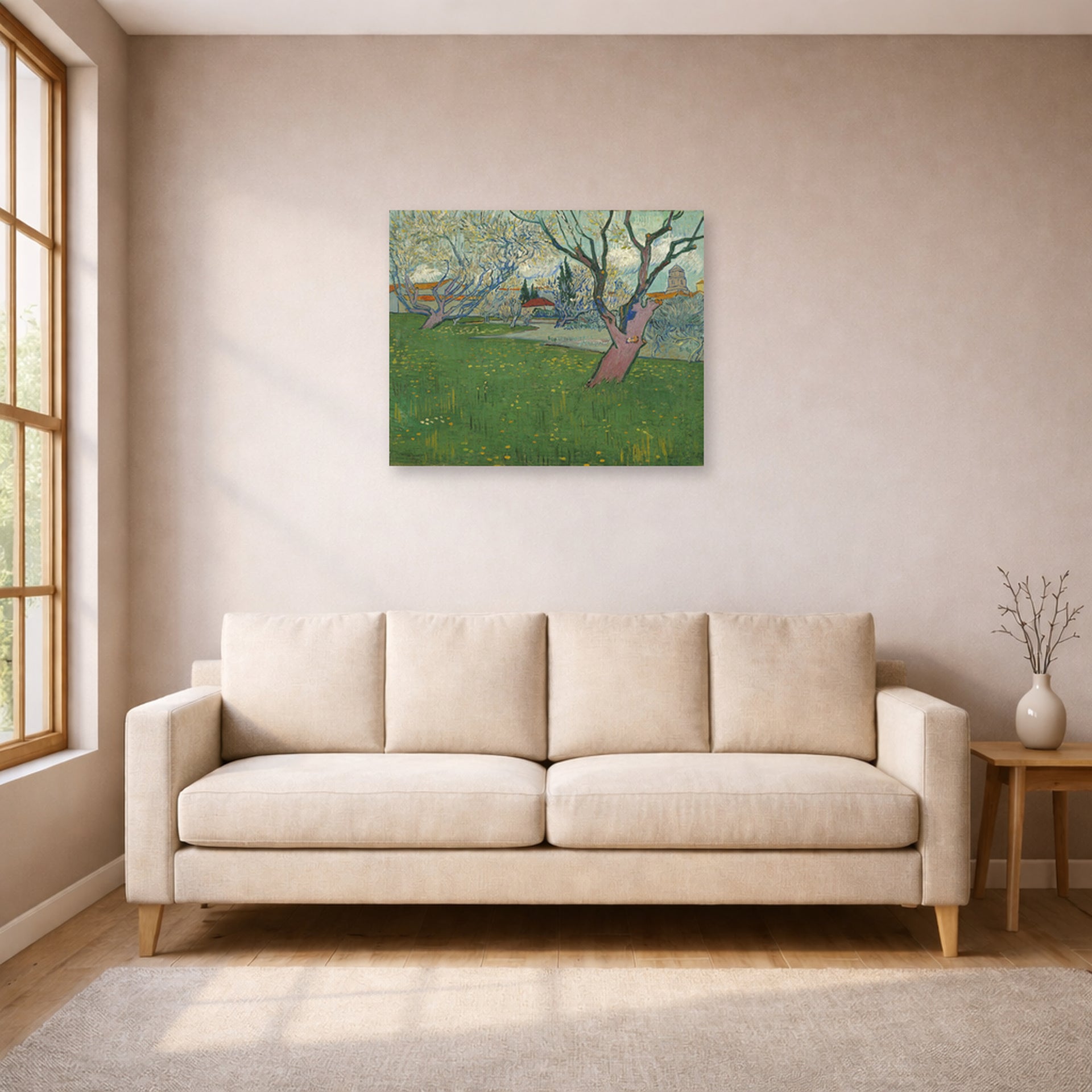 Unframed poster print of Vincent van Gogh's Orchards in Blossom, View of Arles displayed on a wall in a living room