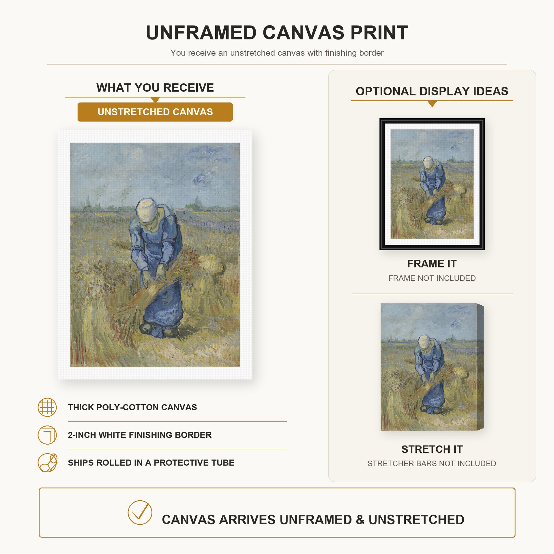 Vincent van Gogh - Peasant Woman Binding Sheaves canvas print size comparison and framing display infographic