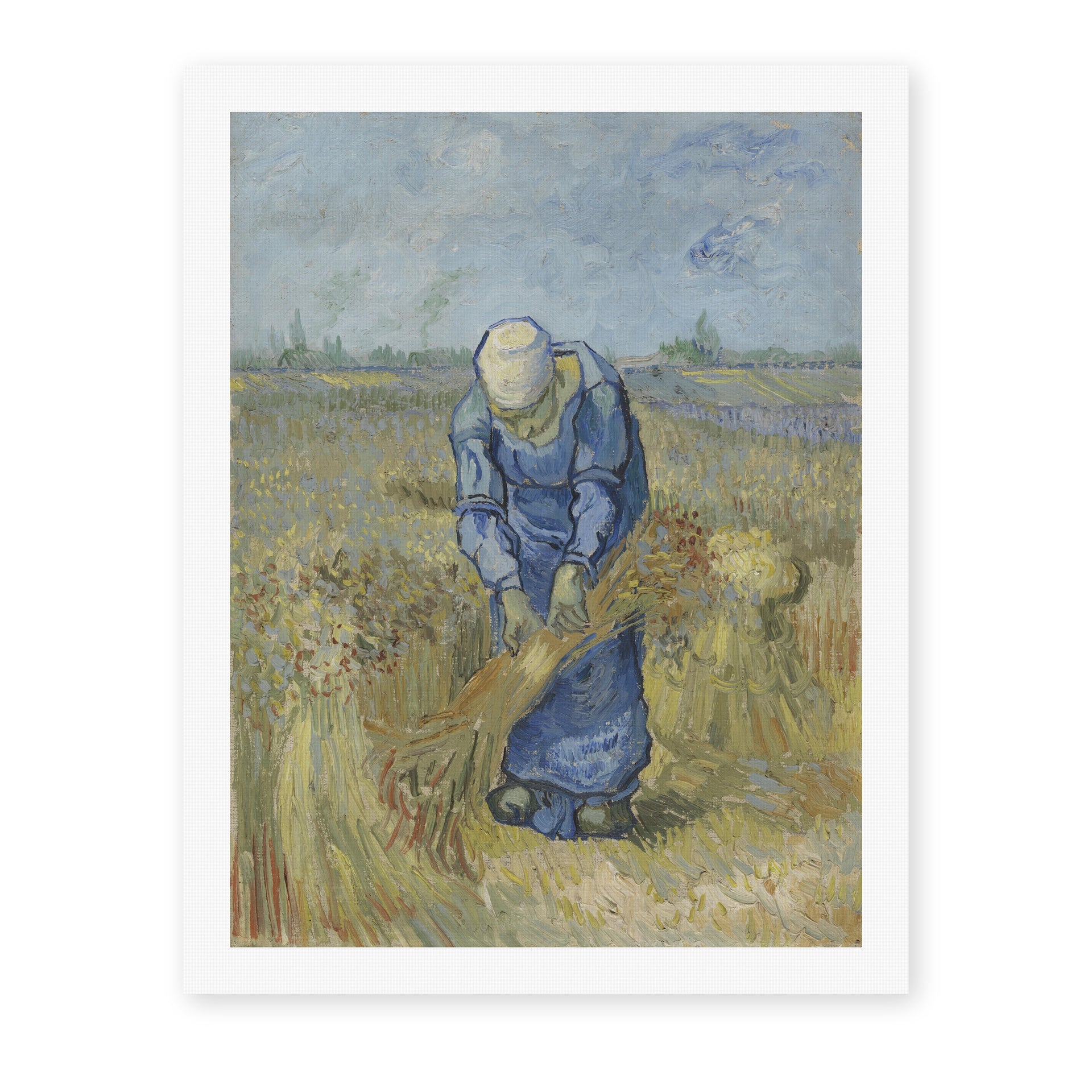 Vincent van Gogh's 'Peasant Woman Binding Sheaves' painting reproduced as a rolled canvas print