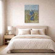 Gallery-wrapped canvas print of Vincent van Gogh's Peasant Woman Binding Sheaves displayed on a wall in a bedroom