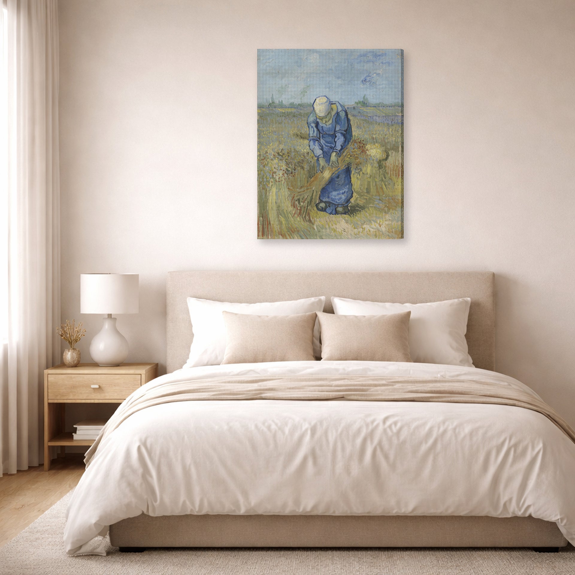 Gallery-wrapped canvas print of Vincent van Gogh's Peasant Woman Binding Sheaves displayed on a wall in a bedroom