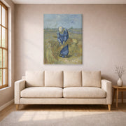 Gallery-wrapped canvas print of Vincent van Gogh's Peasant Woman Binding Sheaves displayed on a wall in a living room