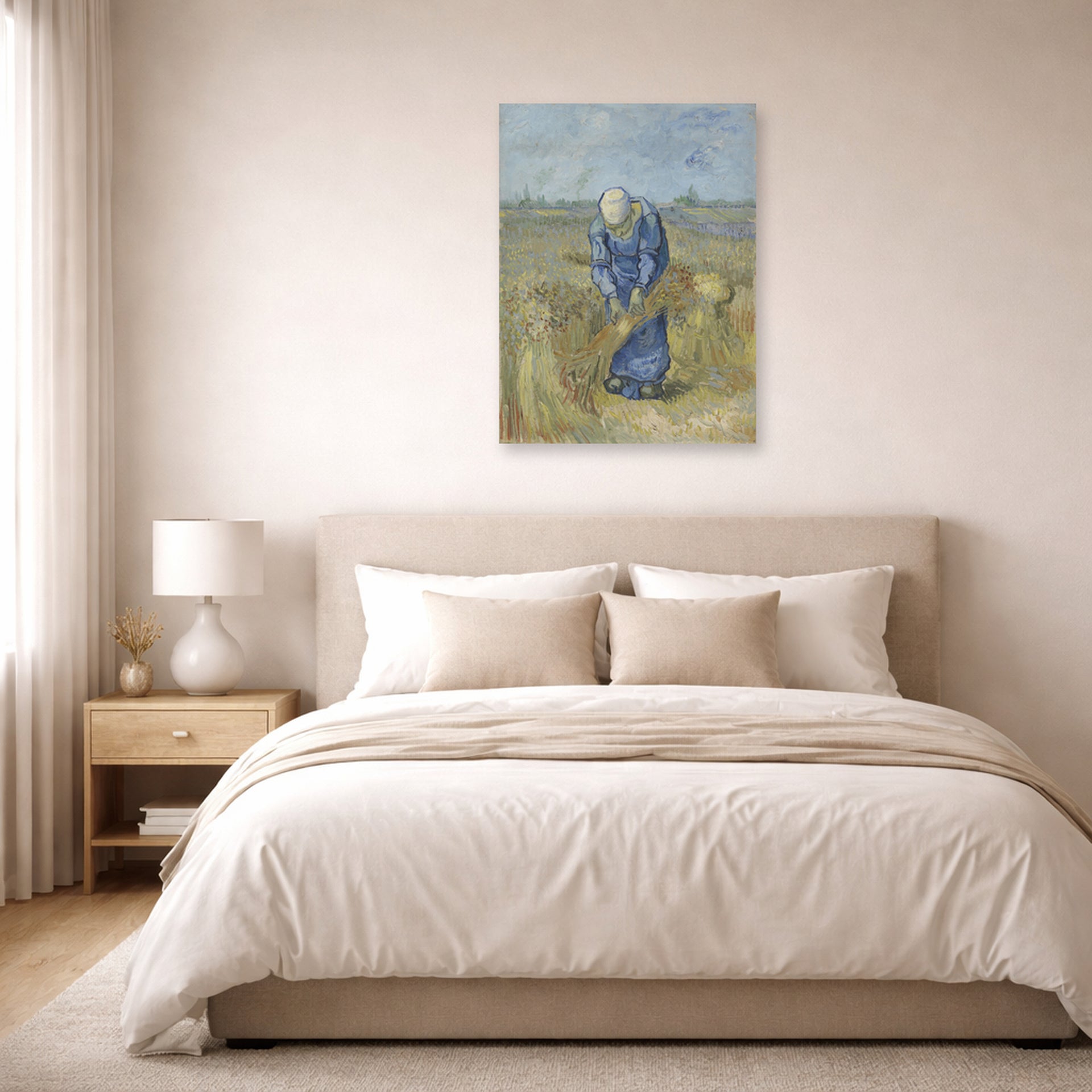 Unframed poster print of Vincent van Gogh's Peasant Woman Binding Sheaves displayed on a wall in a bedroom