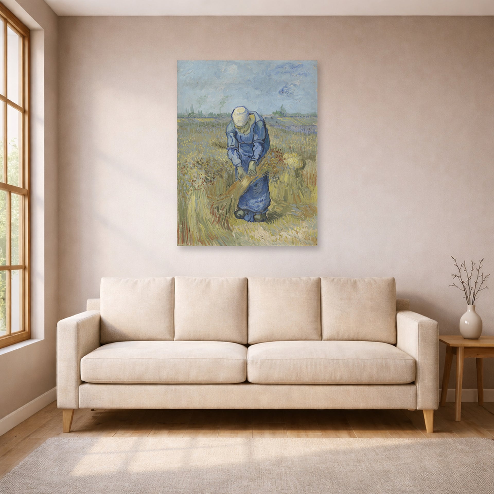 Unframed poster print of Vincent van Gogh's Peasant Woman Binding Sheaves displayed on a wall in a living room
