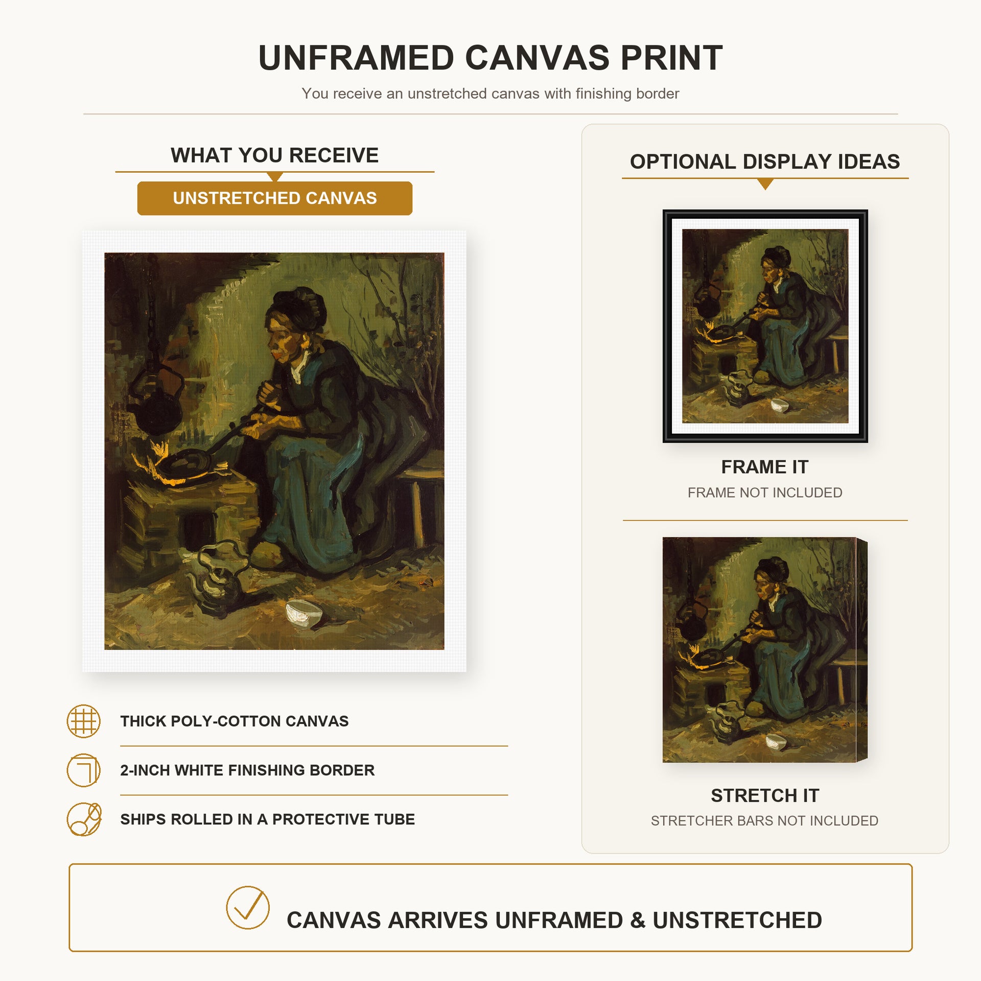 Vincent van Gogh - Peasant Woman Cooking by a Fireplace canvas print size comparison and framing display infographic