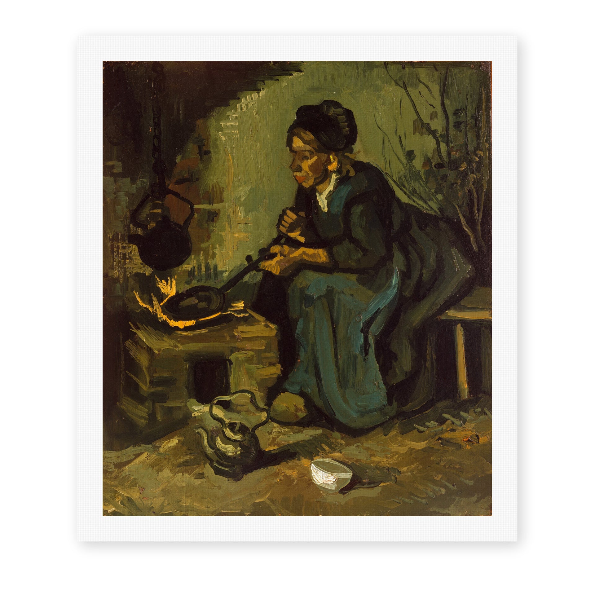 Vincent van Gogh's 'Peasant Woman Cooking by a Fireplace' painting reproduced as a rolled canvas print