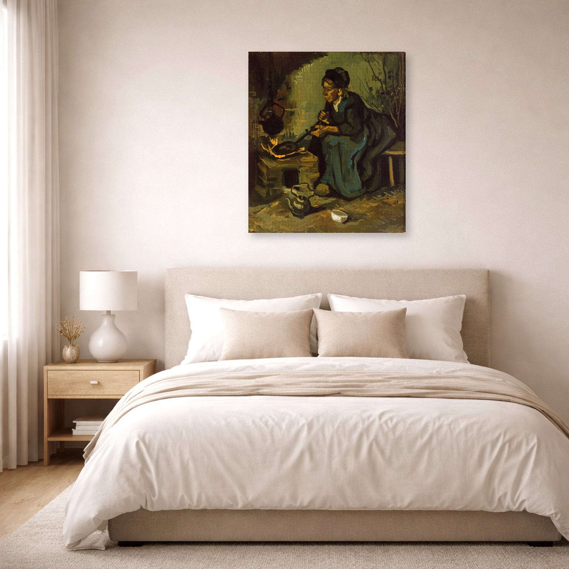 Gallery-wrapped canvas print of Vincent van Gogh's Peasant Woman Cooking by a Fireplace displayed on a wall in a bedroom