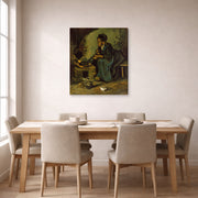 Gallery-wrapped canvas print of Vincent van Gogh's Peasant Woman Cooking by a Fireplace displayed on a wall in a dining room