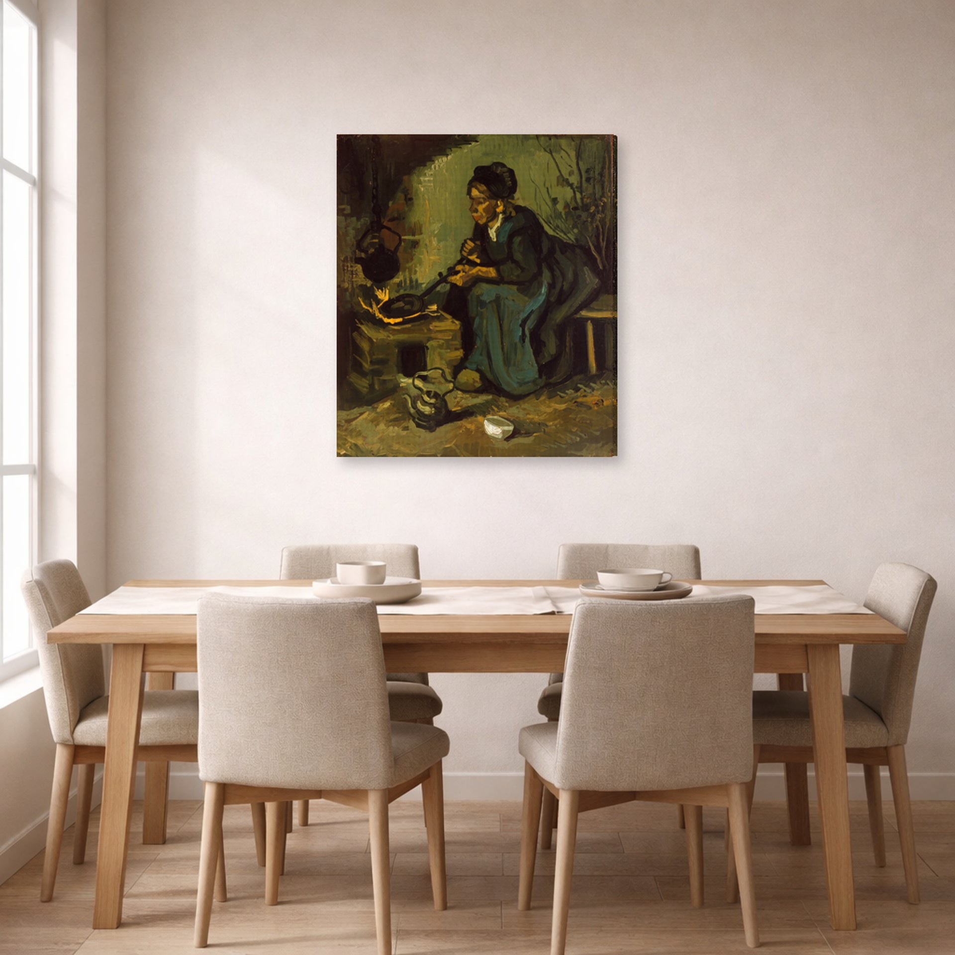 Gallery-wrapped canvas print of Vincent van Gogh's Peasant Woman Cooking by a Fireplace displayed on a wall in a dining room