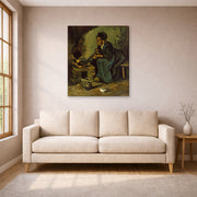 Gallery-wrapped canvas print of Vincent van Gogh's Peasant Woman Cooking by a Fireplace displayed on a wall in a living room