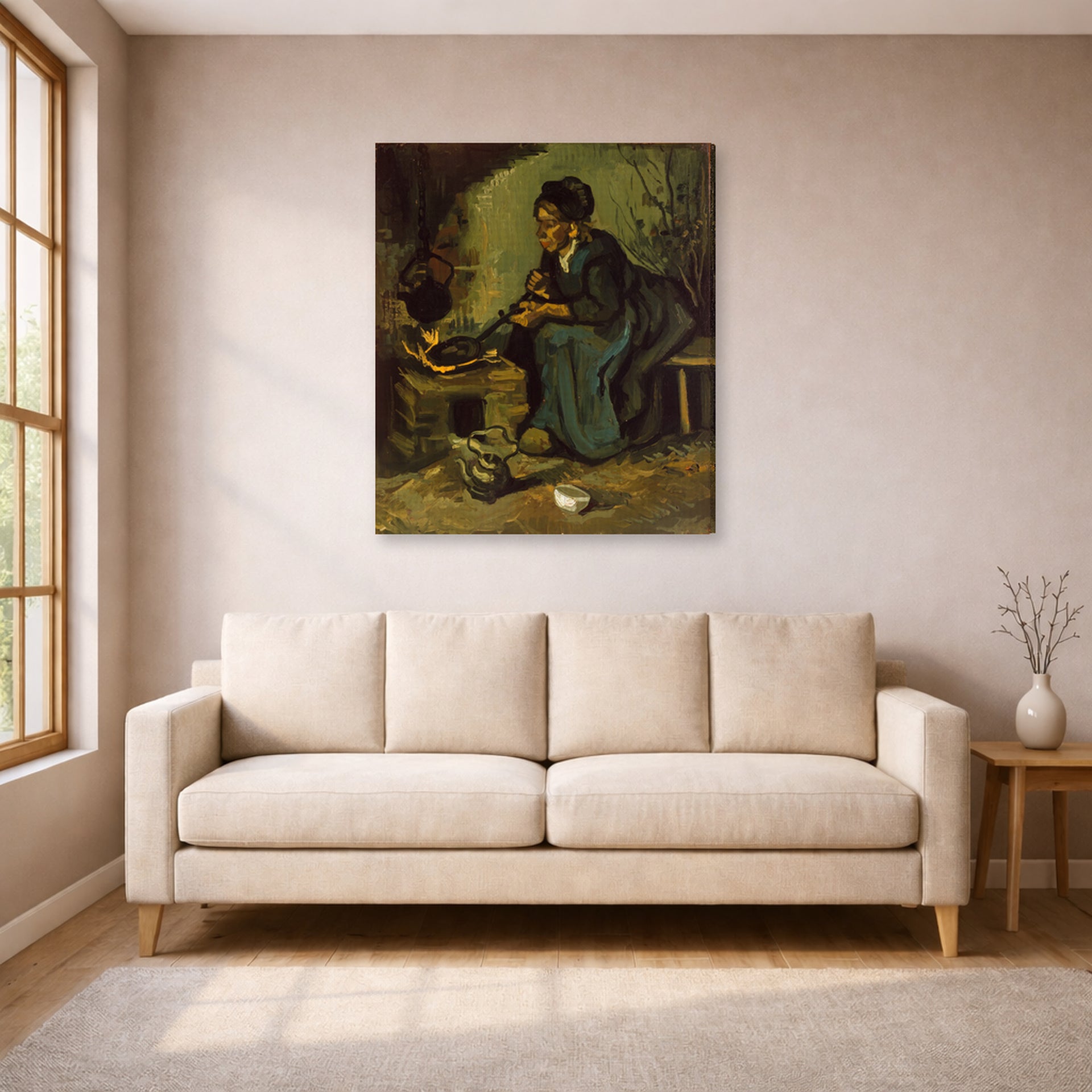 Gallery-wrapped canvas print of Vincent van Gogh's Peasant Woman Cooking by a Fireplace displayed on a wall in a living room