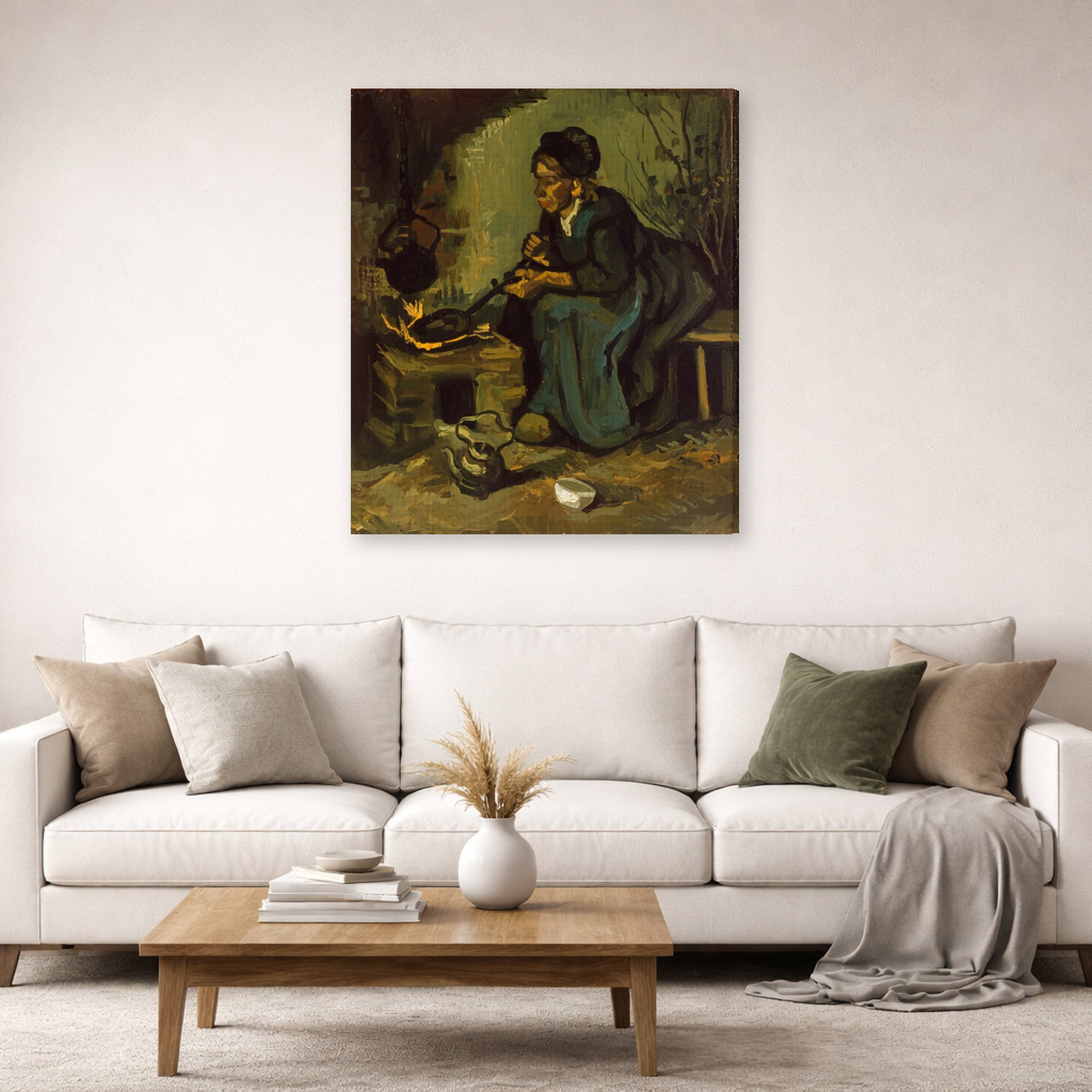 Gallery-wrapped canvas print of Vincent van Gogh's Peasant Woman Cooking by a Fireplace displayed on a wall in a living room