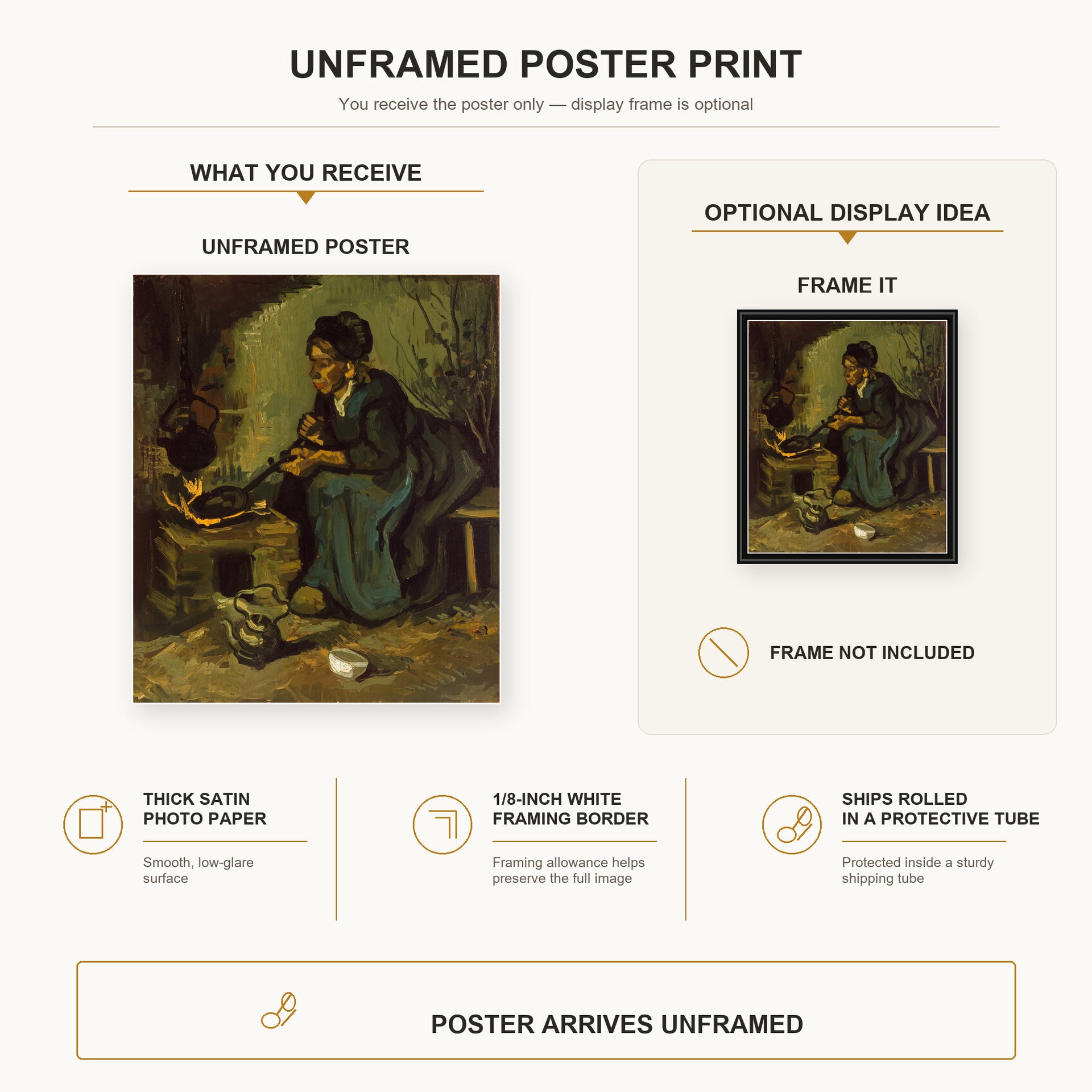 Vincent van Gogh - Peasant Woman Cooking by a Fireplace poster print size comparison and framing display infographic
