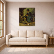 Unframed poster print of Vincent van Gogh's Peasant Woman Cooking by a Fireplace displayed on a wall in a living room