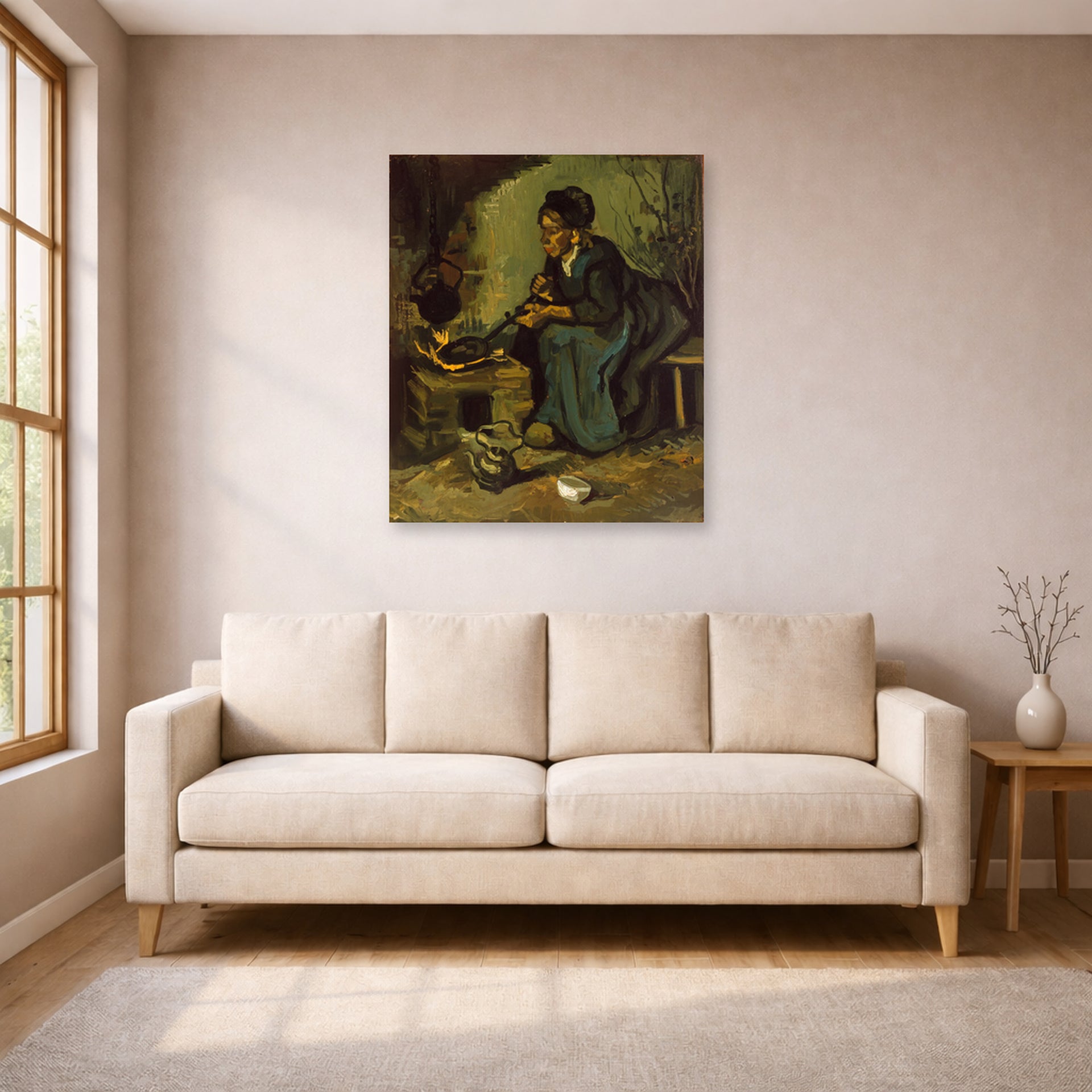 Unframed poster print of Vincent van Gogh's Peasant Woman Cooking by a Fireplace displayed on a wall in a living room