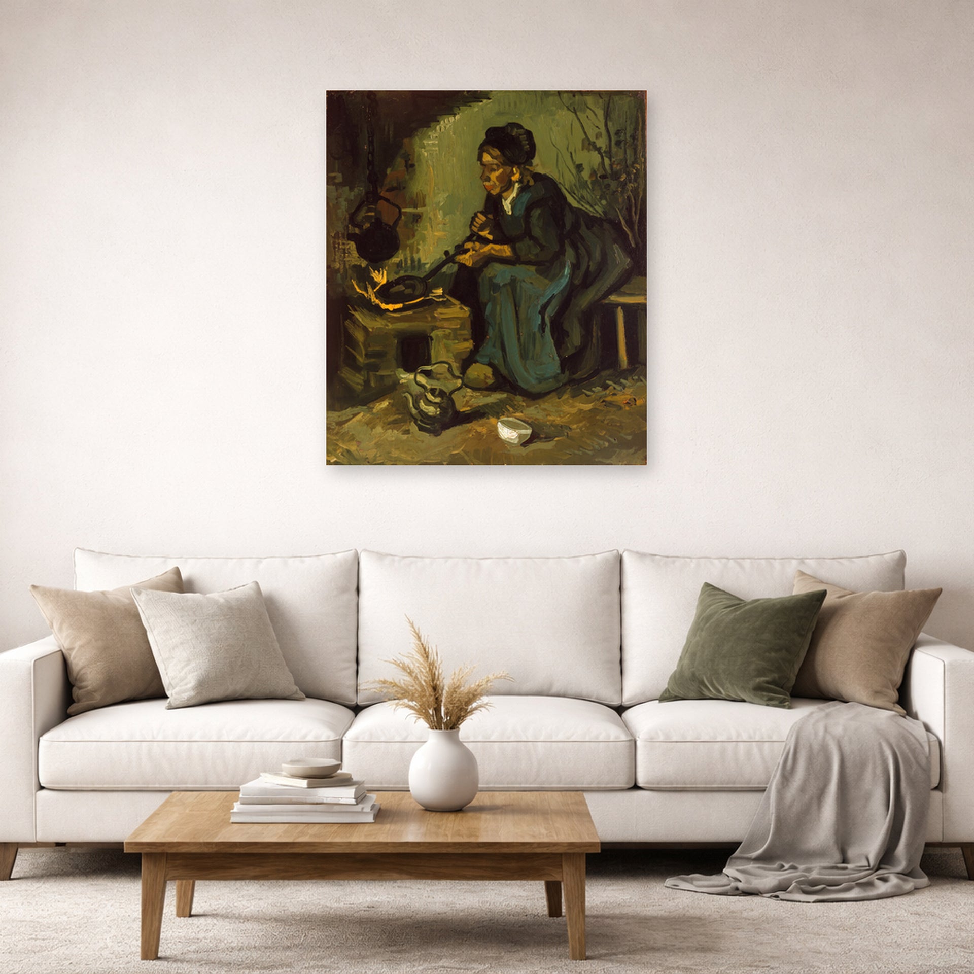 Unframed poster print of Vincent van Gogh's Peasant Woman Cooking by a Fireplace displayed on a wall in a living room